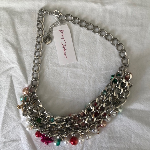 Betsey Johnson Silver Tone Bib Necklace Christmas Charms & Shaky Faux Pearls NWT - Picture 16 of 16